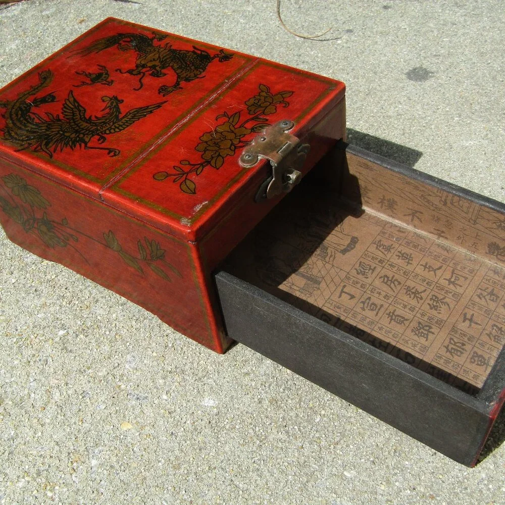 Vintage Chinese Red Lacquer Vanity Jewelry Box with Mirror & Dragon Motif